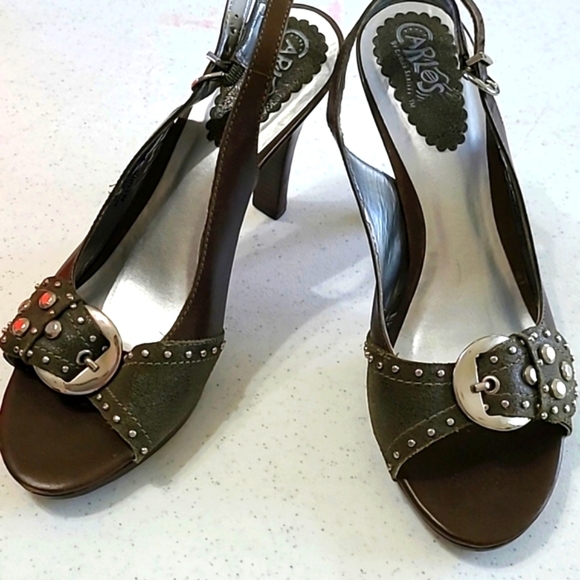 💥3/12 Carlos Olive Green Open-Toe sling back heels with silver hardware size 8 - Picture 4 of 10